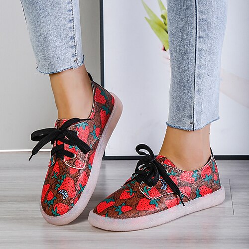 

Women's Sneakers Flat Heel Round Toe PU Leather Lace-up Red Blue Beige