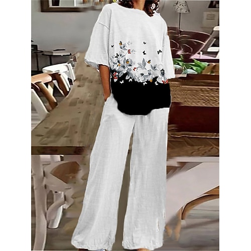 

Women's Loungewear Sets 2 Pieces Animal Butterfly Fashion Comfort Home Street Cotton Spandex Jersey Crew Neck Short Sleeve T shirt Tee Pant Fall Spring White