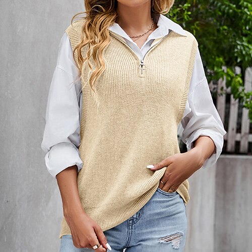 

Women's Sweater Vest Jumper Ribbed Knit Zipper Knitted Pure Color Shirt Collar Stylish Casual Daily Holiday Fall Winter Green Gray S M L / Sleeveless