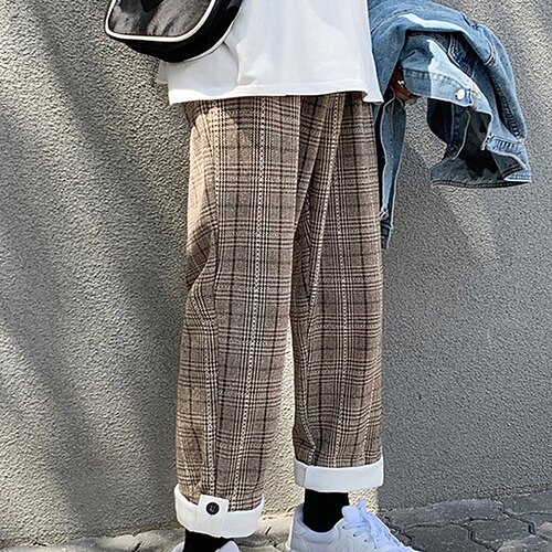 

Men's Fleece Pants Trousers Winter Pants Casual Pants Pocket Wide Leg Plaid Comfort Warm Daily Cotton Blend Streetwear Plus velvet Khaki Black Micro-elastic