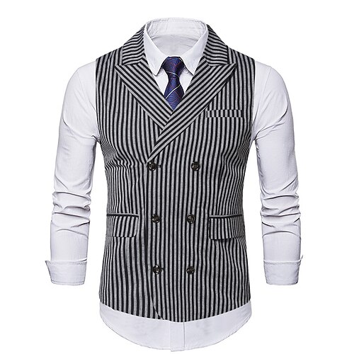 

Men's Casual Vest Stripe Regular Fit Peak Double Breasted Six-buttons Grey 2022