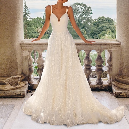 

A-Line Wedding Dresses V Neck Spaghetti Strap Court Train Lace Tulle Sleeveless Romantic Sexy Backless with Sequin 2022