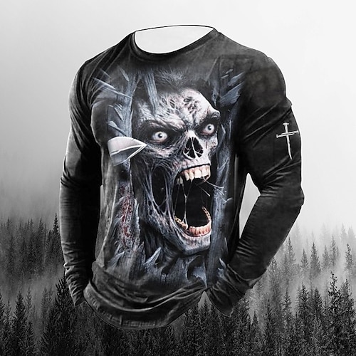 

Men's Unisex T shirt Tee Skull Graphic Prints Crew Neck Gray 3D Print Outdoor Halloween Long Sleeve Print Clothing Apparel Basic Sports Designer Casual