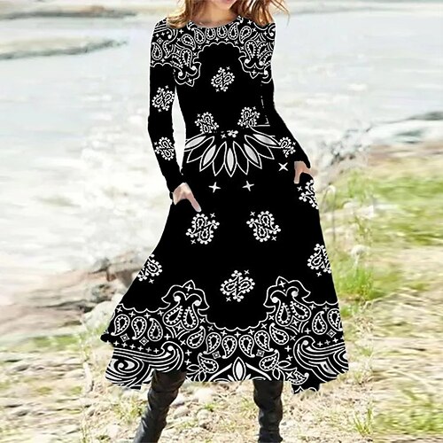 

Women's Casual Dress A Line Dress Midi Dress Black Khaki Long Sleeve Floral Pocket Print Fall Winter Round Neck Vacation Casual 2022 S M L XL XXL 3XL
