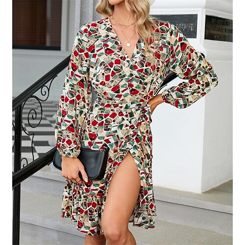 

Women's Casual Dress A Line Dress Short Mini Dress Green Red Long Sleeve Geometric Print Fall Winter V Neck Stylish Casual Modern 2022 S M L XL