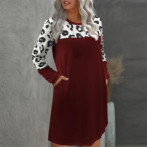 

Women's Casual Dress T Shirt Dress Tee Dress Black Wine Gray Long Sleeve Leopard Ruched Winter Fall Autumn Winter Dress Weekend Fall Dress Loose Fit 2022 S M L XL XXL