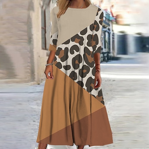 

Women's Casual Dress Shift Dress Midi Dress Yellow Khaki 3/4 Length Sleeve Leopard Ruched Print Fall Winter Round Neck Casual Vacation 2022 S M L XL XXL 3XL