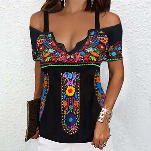 

Women's T shirt Tee Floral Casual Weekend Floral Painting T shirt Tee Short Sleeve Cold Shoulder Print V Neck Basic Ethnic Black S / 3D Print