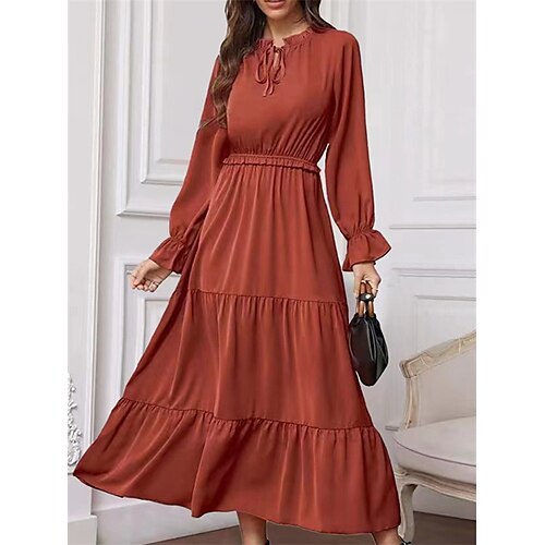 

Women's Casual Dress Swing Dress Long Dress Maxi Dress Black khaki Red Long Sleeve Pure Color Lace up Winter Fall Autumn Crew Neck Modern Winter Dress Fall Dress Loose Fit 2022 S M L XL XXL