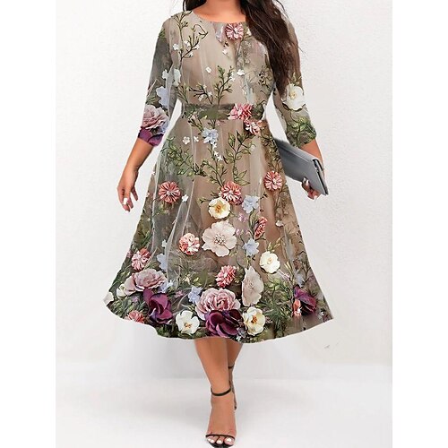 

Women's Plus Size Floral Dress Floral Crew Neck Long Sleeve Fall Winter Stylish Work Elegant Midi Dress Formal Dress