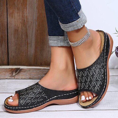 

Women's Slippers Daily Outdoor Slippers Summer Rhinestone Wedge Heel Peep Toe Casual PU Leather Loafer Solid Colored Silver Black Golden