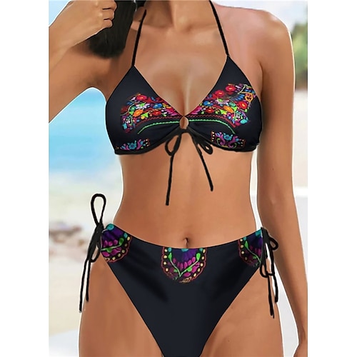 

Women's Swimwear Bikini 2 Piece Normal Swimsuit Halter Open Back Printing Flower Black Halter V Wire Bathing Suits Sexy Vacation Fashion / Spandex / Modern / New