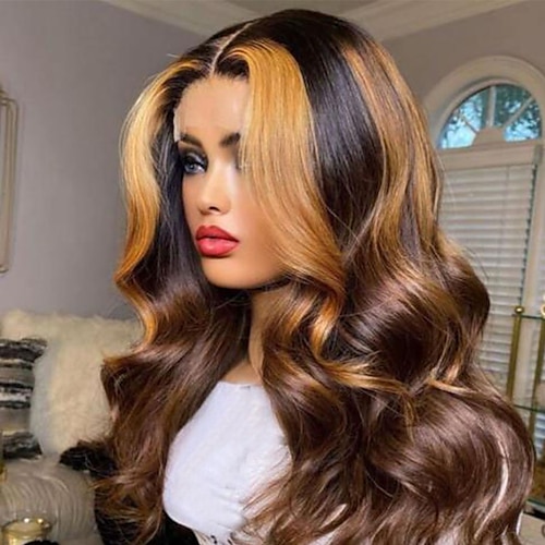 

Remy Human Hair 13x4 Lace Front Wig Middle Part Peruvian Hair Body Wave Multi-color Wig 130% 150% Density with Baby Hair Highlighted / Balayage Hair 100% Virgin Pre-Plucked Bleached Knots For wigs