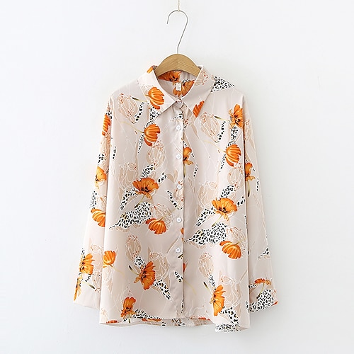 

Mulheres Camisa Social Blusa Bege Floral Imprimir Manga Longa Casual Diário Vintage Casual Colarinho de Camisa Tema Flores S