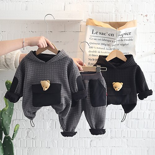 

2 Pieces Kids Boys PantsSet Clothing Set Outfit Bear Long Sleeve Cotton Set Street Fashion Cool Winter Fall 1-5 Years Black Grey