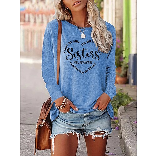 

Women's T shirt Tee Blue Pink Khaki Heart Text Print Long Sleeve Daily Weekend Basic Round Neck Regular Painting S