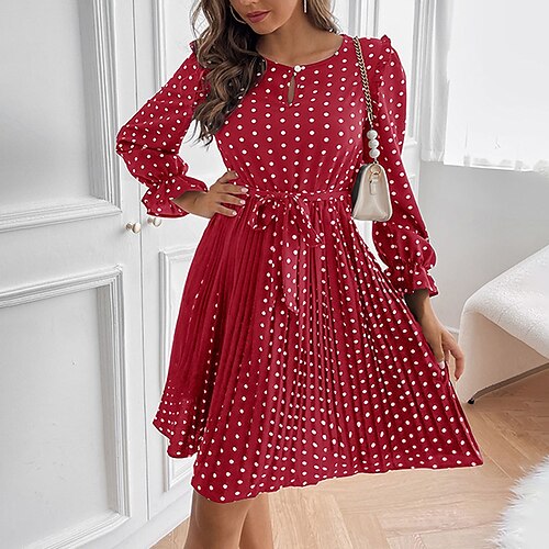 

Women's Casual Dress Swing Dress PolkaDotDress Black Red Long Sleeve Polka Dot Lace up Winter Fall Autumn Modern Winter Dress Fall Dress 2022 S M L XL