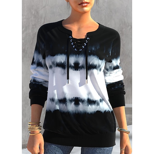 

Women's Sweatshirt Pullover V Neck Tie Dye Lace up Print Daily Sports 3D Print Active Streetwear Hoodies Sweatshirts White Black