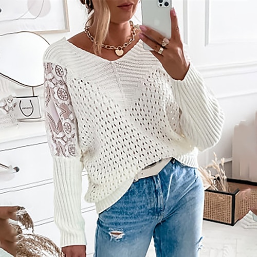 

Women's Jumper Crochet Knit Hollow Out Knitted Color Block V Neck Stylish Casual Outdoor Daily Winter Fall White S M L / Long Sleeve / Regular Fit / Going out