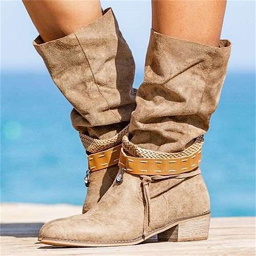 

Women's Boots Daily Cowboy Boots Mid Calf Boots Winter Chunky Heel Round Toe Vintage Sweet Suede Loafer Solid Colored khaki