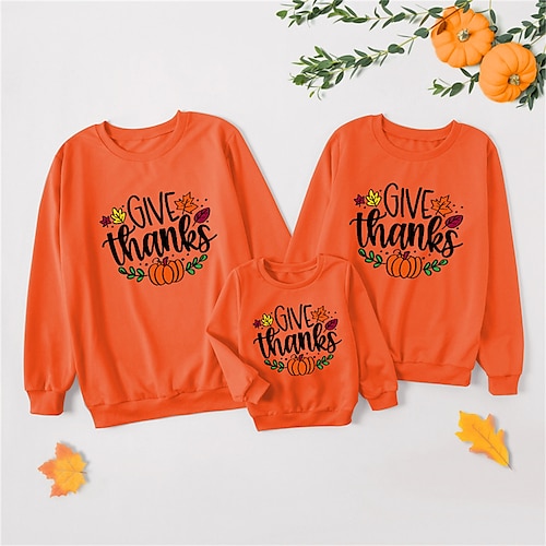 

Family Look Thanksgiving Sweatshirt Leaf Letter Pumpkin Print Orange Long Sleeve Daily Matching Outfits / Spring / Fall