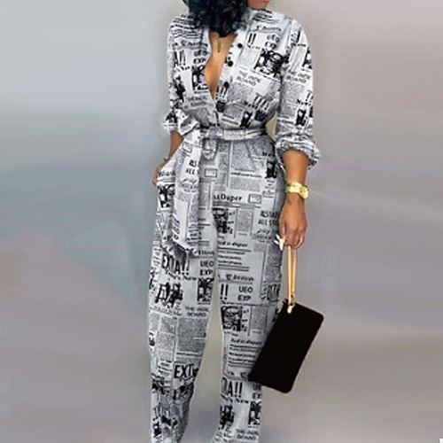 

Women's Jumpsuit High Waist Print Leopard Stand Collar Streetwear Street Daily Regular Fit Long Sleeve Green Brown Gray S M L Winter