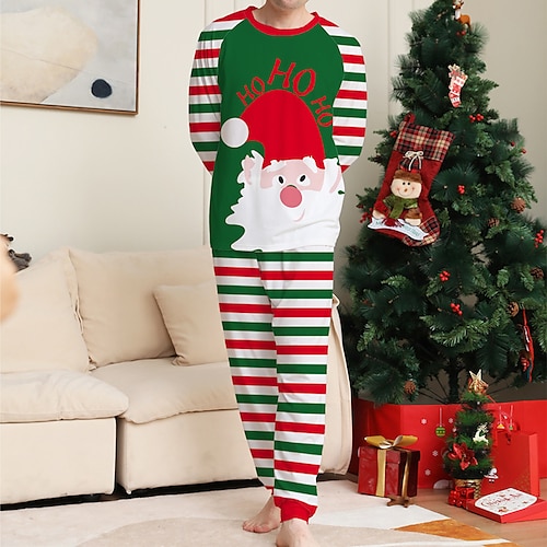 

Men's Christmas Pajamas Sleepwear Pajama Set Pajama Top and Pant 2 Pieces Santa Claus Stripe Fashion Comfort Soft Home Christmas Bed Cotton Blend Breathable Crew Neck Long Sleeve Basic Winter Fall