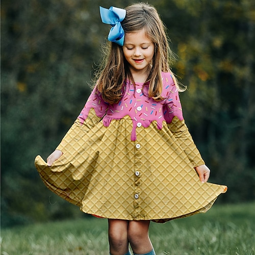 

Kids Girls' Dress Graphic Shift Dress Above Knee Dress Daily Print Long Sleeve Cute Dress 3-10 Years Winter Yellow