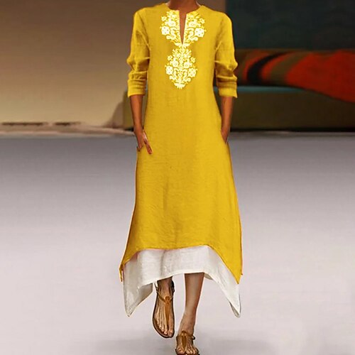 

Women's Casual Dress Ethnic Dress Long Dress Maxi Dress Yellow Long Sleeve Floral Patchwork Winter Fall Autumn V Neck Casual Winter Dress Weekend Fall Dress 2023 S M L XL XXL 3XL