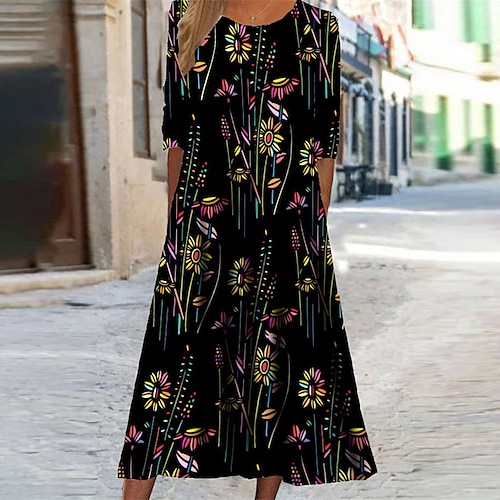 

Women's Casual Dress Swing Dress Midi Dress Midi Dress Black Yellow Half Sleeve Floral Pocket Winter Fall Autumn Round Neck Vacation Winter Dress Fall Dress 2022 S M L XL XXL 3XL