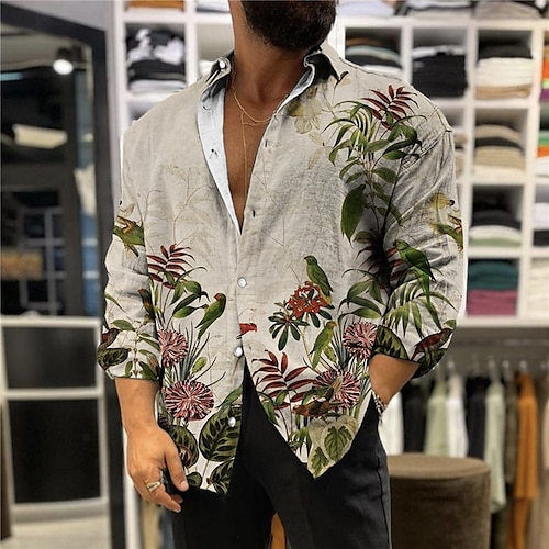 

Men's Shirt Leaves Turndown Green 3D Print Outdoor Street Long Sleeve Button-Down Print Clothing Apparel Fashion Designer Casual Breathable