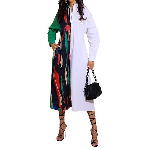 

Women's Casual Dress Shirt Dress Midi Dress White Long Sleeve Color Block Patchwork Winter Fall Autumn Shirt Collar Classic Winter Dress Fall Dress Loose Fit 2022 S M L XL
