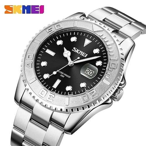 

SKMEI 44mm Business Watch Men Luxury Original SMAEL Top Brand Two-Tone Stainless Steel 3-Hand Analog Quartz Wristwatch 9295