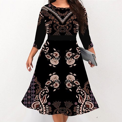 

Women's Plus Size Work Dress Floral Crew Neck 3/4 Length Sleeve Fall Winter Work Elegant Midi Dress Formal Going out Dress