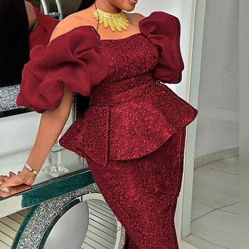 

Women's Plus Size Party Dress Solid Color Off Shoulder Ruched Short Sleeve Fall Winter Stylish Elegant Knee Length Dress Party Date Dress / Sequin Dress