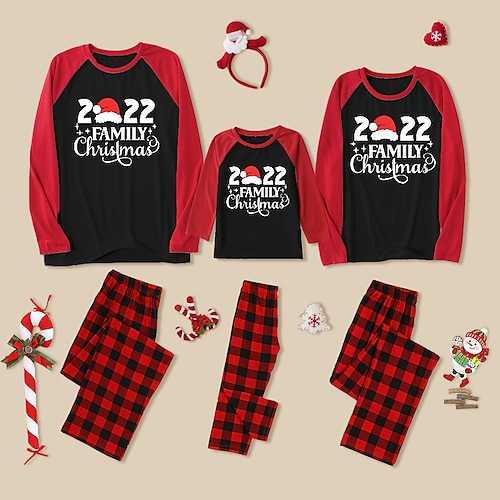 

Family Look Christmas Pajamas Plaid Letter Daily Dark Red Long Sleeve Daily Matching Outfits / Spring / Fall