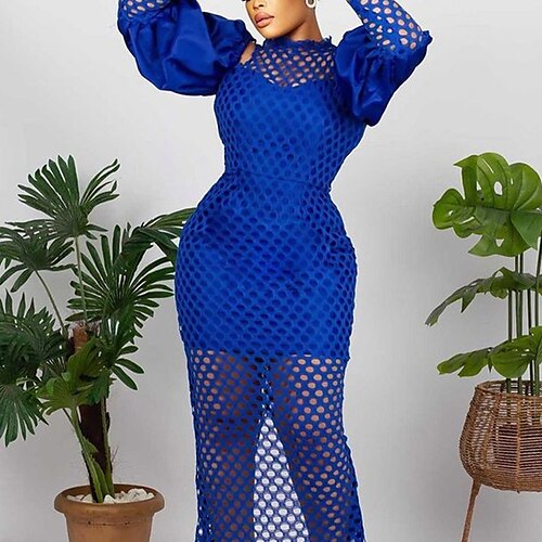

Women's Party Dress Sheath Dress Long Dress Maxi Dress Blue Long Sleeve Pure Color Hollow Out Winter Fall Autumn Crew Neck Modern Party Winter Dress Fall Dress 2022 S M L XL XXL 3XL 4XL