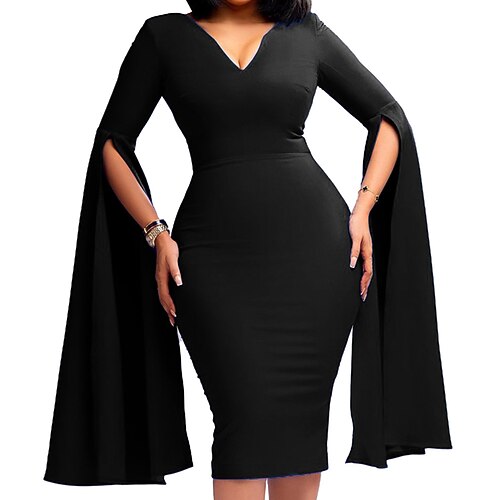 

Women's Plus Size Work Dress Pure Color V Neck Long Sleeve Fall Winter Work Sexy Knee Length Dress Work Work Dress Dress