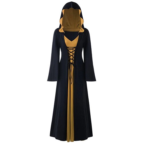 

Women's Plus Size A Line Dress Color Block Hooded Long Sleeve Fall Winter Vintage Maxi long Dress Halloween Vacation Dress