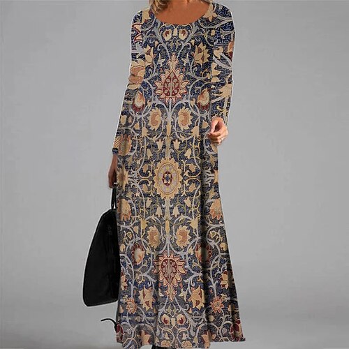 

Women's Casual Dress A Line Dress Maxi long Dress Blue Long Sleeve Floral Pocket Print Fall Winter V Neck Vacation Casual 2022 S M L XL XXL 3XL