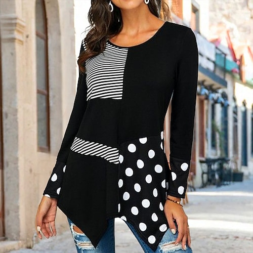 

Women's T shirt Tee Black Polka Dot Striped Print Long Sleeve Casual Weekend Basic Round Neck Long Painting S
