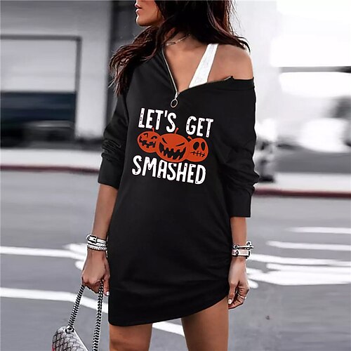 

Women's Casual Dress Shift Dress Short Mini Dress Green White Black Yellow Orange Long Sleeve Skull Letter Pumpkin Zipper Print Fall Winter Round Neck Casual 2022 S M L XL XXL / Cotton