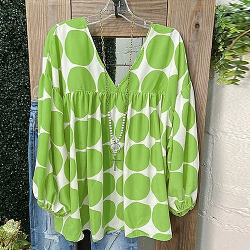 

Women's Plus Size Tops Blouse Shirt Polka Dot Print Long Sleeve V Neck Casual Daily Vacation Polyester Fall Winter Green Blue