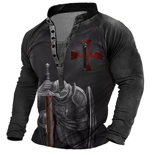 

Men's Unisex Sweatshirt Pullover Button Up Hoodie Black Standing Collar Knights Templar Graphic Prints Cross Print Casual Daily Sports 3D Print Streetwear Casual Big and Tall Spring & Fall Clothing