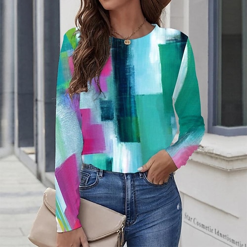 

Women's T shirt Tee Blue Graphic Geometric Print Long Sleeve Casual Daily Vintage Round Neck Regular Geometric Painting S / 3D Print
