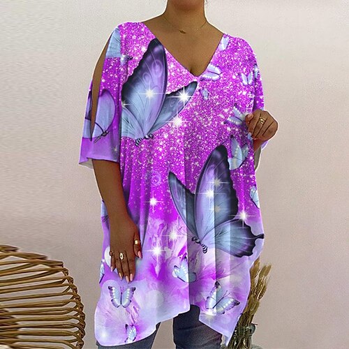 

Women's Plus Size Tops T shirt Tee Floral Butterfly Print Half Sleeve V Neck Casual Daily Vacation Polyester Fall Winter Black Blue