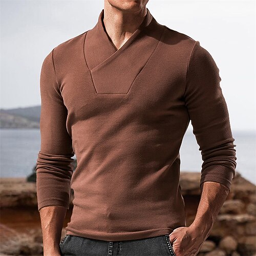 

Men's T shirt Tee Solid Colored V Neck Standing Collar Coffee Long Sleeve Street Daily Tops Fashion Designer Casual Comfortable