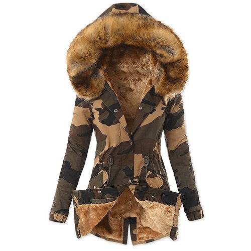 

Women's Winter Jacket Winter Coat Parka Warm Breathable Outdoor Daily Wear Vacation Going out Zipper Pocket Fur Collar Fleece Lined Zipper Hoodie Active Comfortable Street Style Plush Camouflage