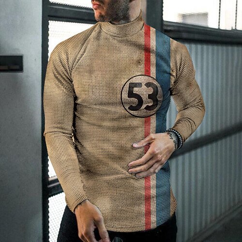 

Men's T shirt Tee Graphic Prints Turtleneck Purple Khaki 3D Print Street Daily Long Sleeve Print Clothing Apparel Basic Streetwear Big and Tall Pocket / Work
