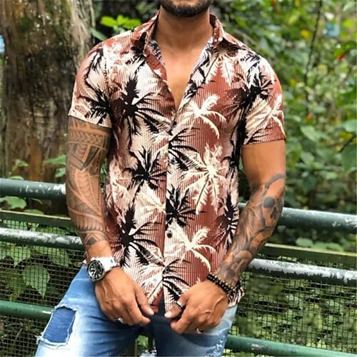 

Men's Shirt Graphic Shirt Coconut Tree Turndown Yellow 3D Print Outdoor Street Short Sleeves Button-Down Print Clothing Apparel Designer Casual Breathable / Summer / Spring / Summer